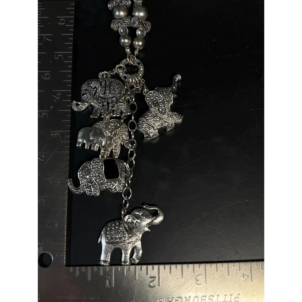 Vintage Silver Tone Elephant Charm Necklace Art Deco Style Marcasite Look